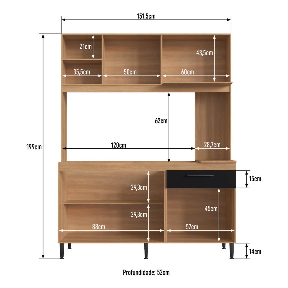 Armário de Cozinha Compacta 151,5cm 4 Portas 1 Gaveta Gabinete Pia Multimóveis CR20284 Rovere/Grafite