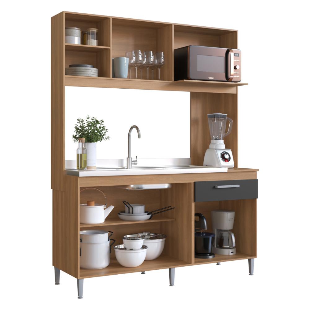 Armário de Cozinha Compacta 151,5cm 4 Portas 1 Gaveta Gabinete Pia Multimóveis CR20284 Rovere/Grafite