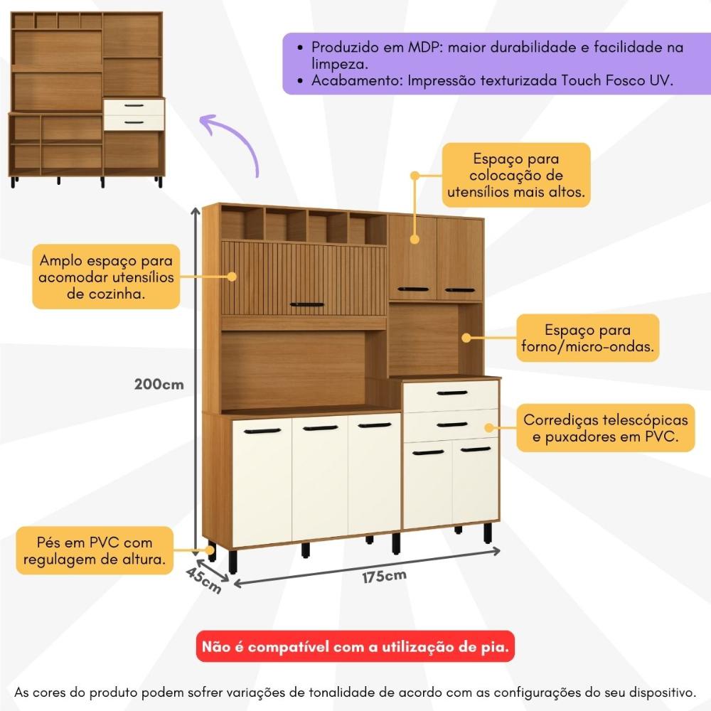 Armário de Cozinha Compacta 175cm com 8 Portas e 2 Gavetas Multimóveis CR20287 Nature/Champanhe
