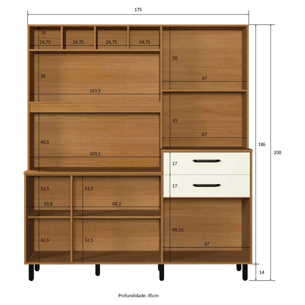 Armário de Cozinha Compacta 175cm com 8 Portas e 2 Gavetas Multimóveis CR20287 Nature/Champanhe