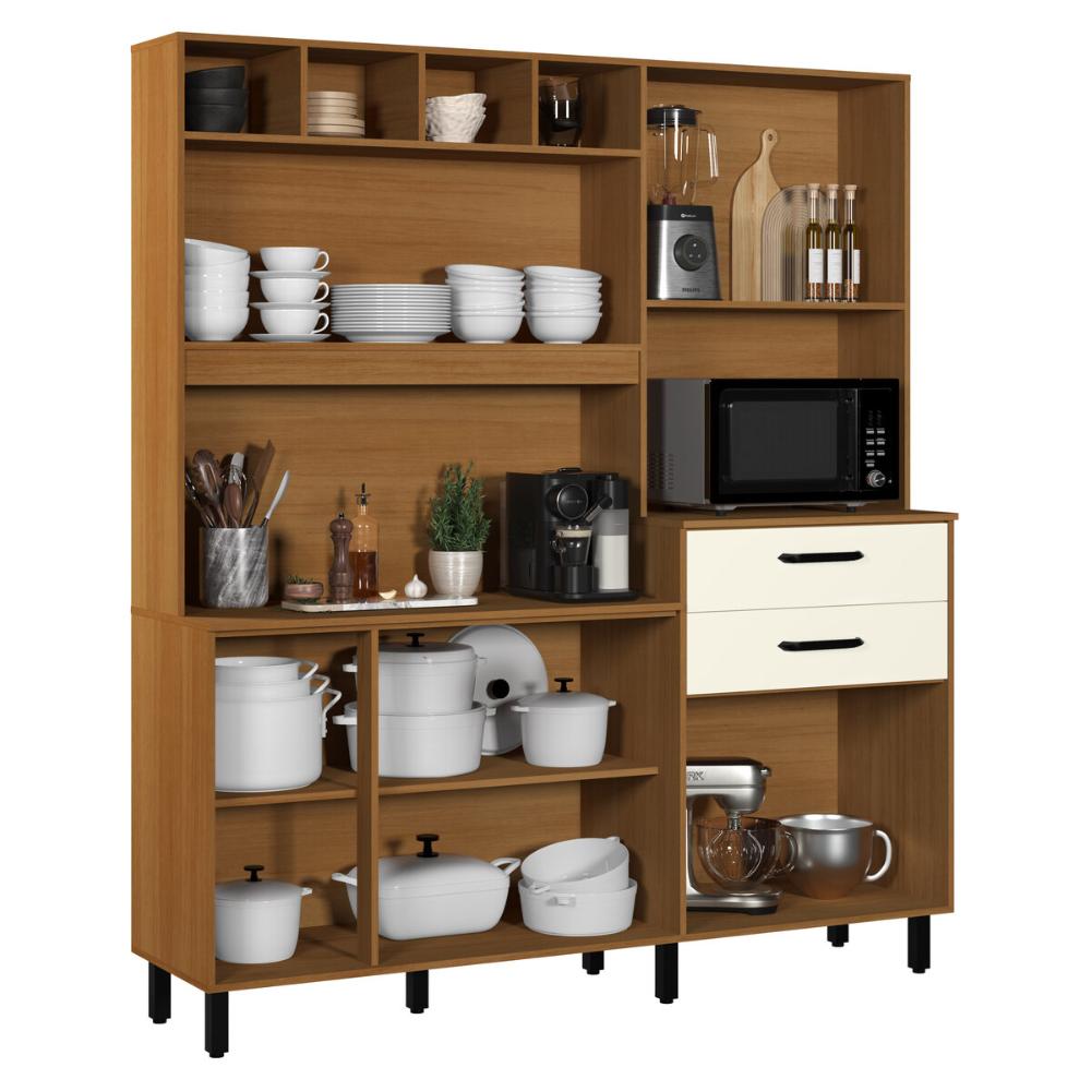 Armário de Cozinha Compacta 175cm com 8 Portas e 2 Gavetas Multimóveis CR20287 Nature/Champanhe