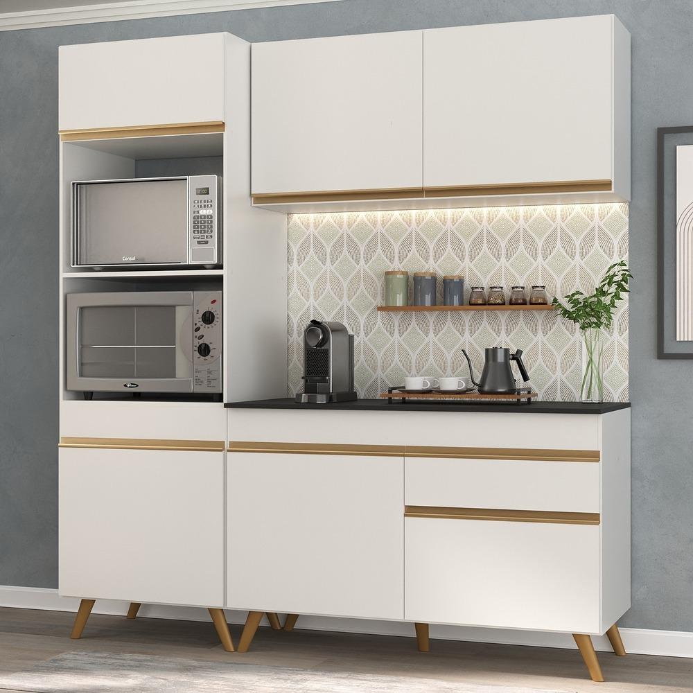 Armário de Cozinha Compacta 182cm Veneza Multimóveis V3694 Branco/Dourado