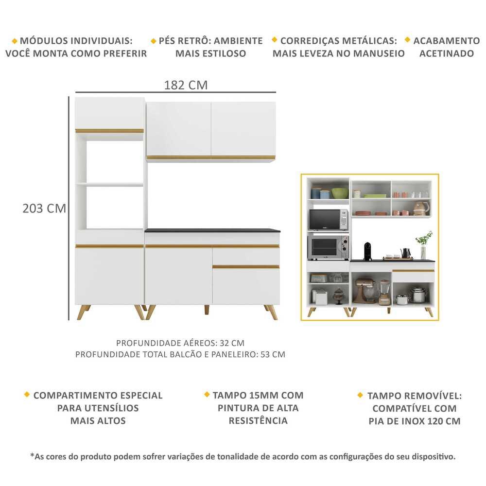 Armário de Cozinha Compacta 182cm Veneza Multimóveis V3694 Branco/Dourado
