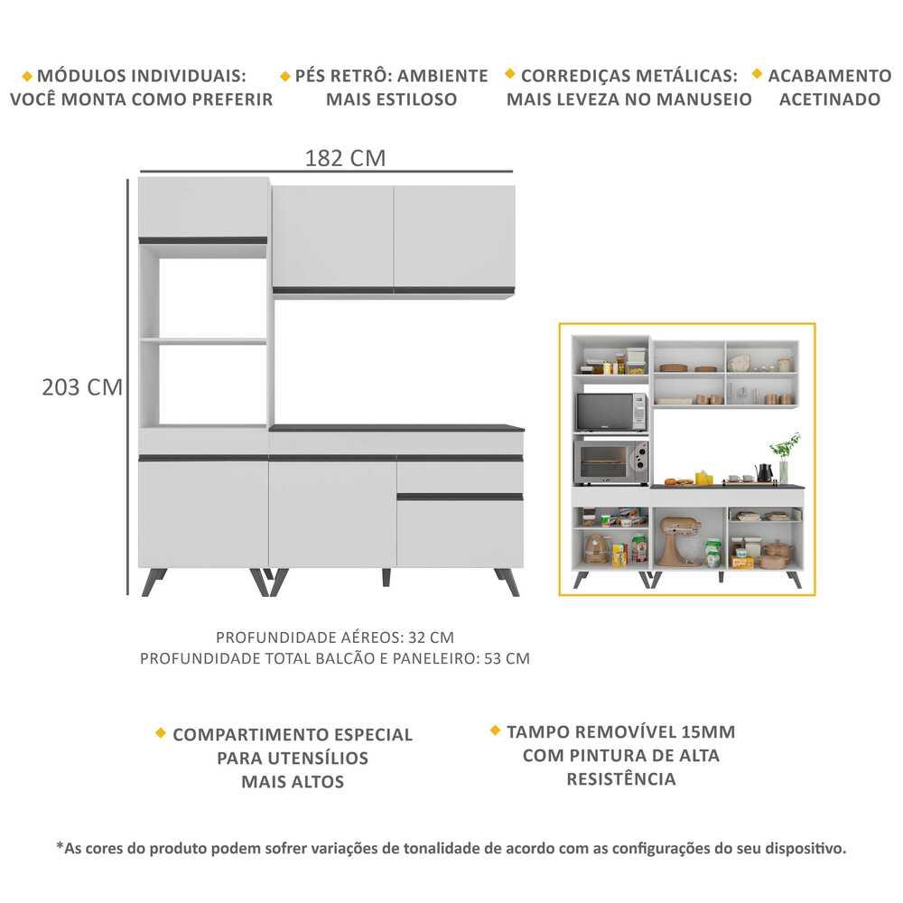 Armário de Cozinha Compacta 182cm Veneza Multimóveis V3694 Branco/Preto