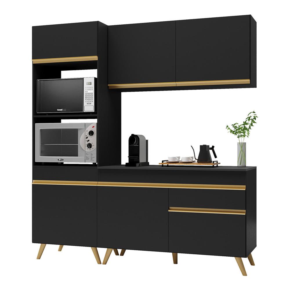 Armário de Cozinha Compacta 182cm Veneza Multimóveis V3694 Preto/Dourado