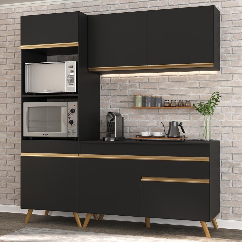 Armário de Cozinha Compacta 182cm Veneza Multimóveis V3694 Preto/Dourado