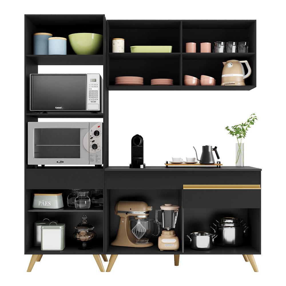 Armário de Cozinha Compacta 182cm Veneza Multimóveis V3694 Preto/Dourado