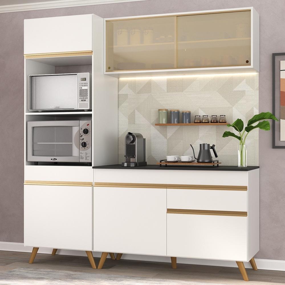 Armário de Cozinha Compacta 182cm Veneza Multimóveis V3695 Branco/Dourado