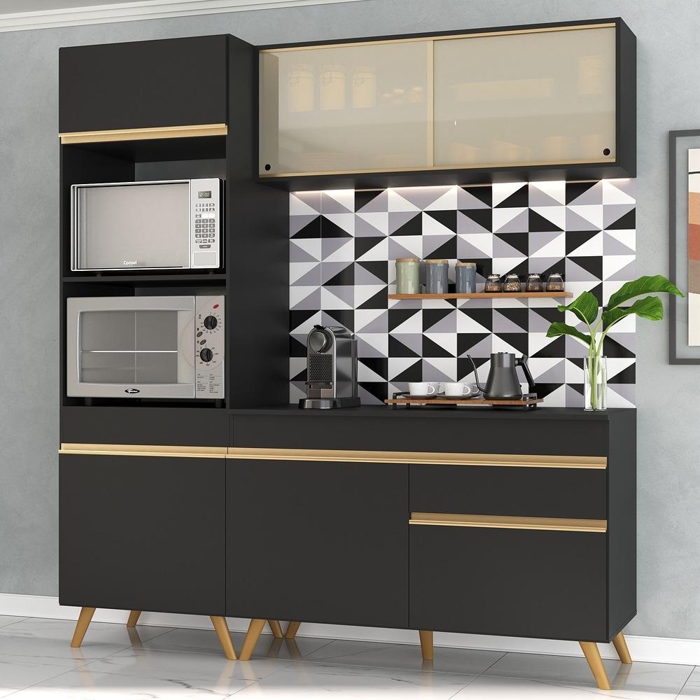Armário de Cozinha Compacta 182cm Veneza Multimóveis V3695 Preto/Dourado