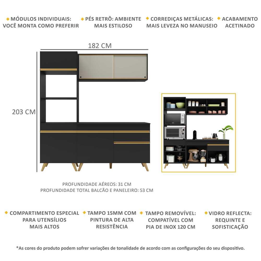Armário de Cozinha Compacta 182cm Veneza Multimóveis V3695 Preto/Dourado