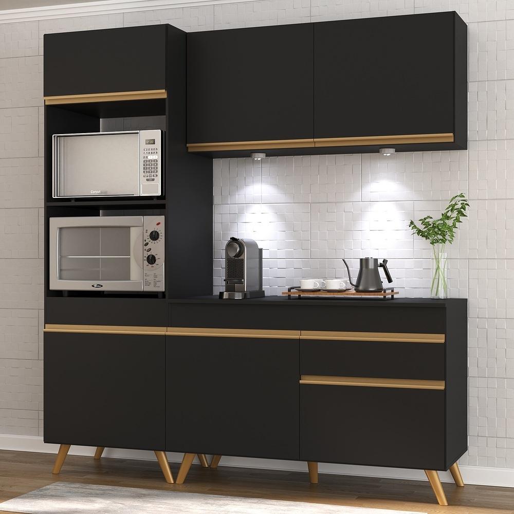Armário de Cozinha Compacta 182cm com Leds Veneza Up Multimóveis V2019 Preto/Dourado