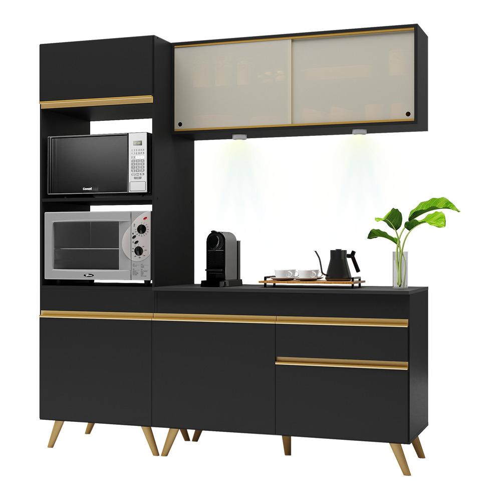 Armário de Cozinha Compacta 182cm com Leds Veneza Up Multimóveis V2020 Preto/Dourado