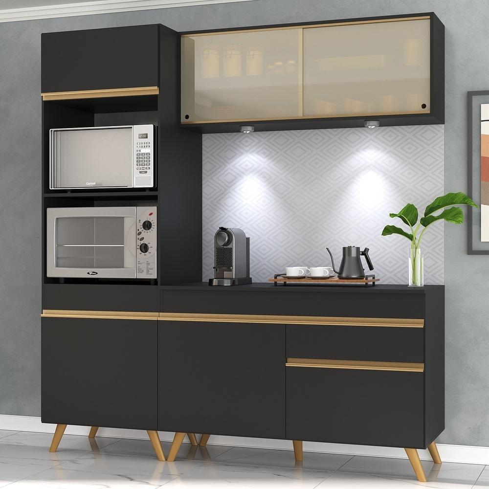 Armário de Cozinha Compacta 182cm com Leds Veneza Up Multimóveis V2020 Preto/Dourado