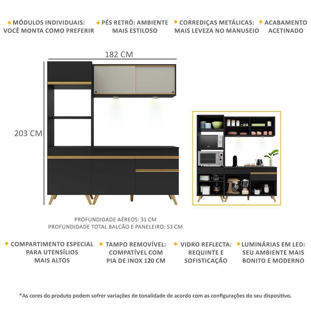 Armário de Cozinha Compacta 182cm com Leds Veneza Up Multimóveis V2020 Preto/Dourado
