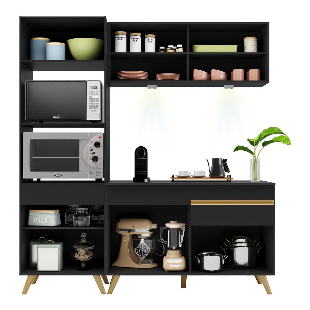 Armário de Cozinha Compacta 182cm com Leds Veneza Up Multimóveis V2020 Preto/Dourado
