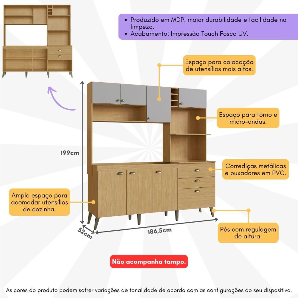 Armário de Cozinha Compacta 186,5cm com Torre Quente e Gabinete Pia Multimóveis CR20283 Louro Freijo/Off White