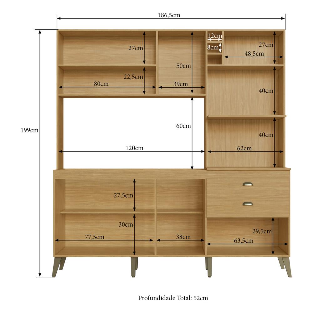 Armário de Cozinha Compacta 186,5cm com Torre Quente e Gabinete Pia Multimóveis CR20283 Louro Freijo/Off White