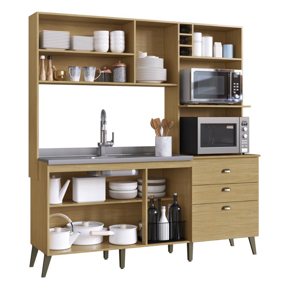 Armário de Cozinha Compacta 186,5cm com Torre Quente e Gabinete Pia Multimóveis CR20283 Louro Freijo/Off White