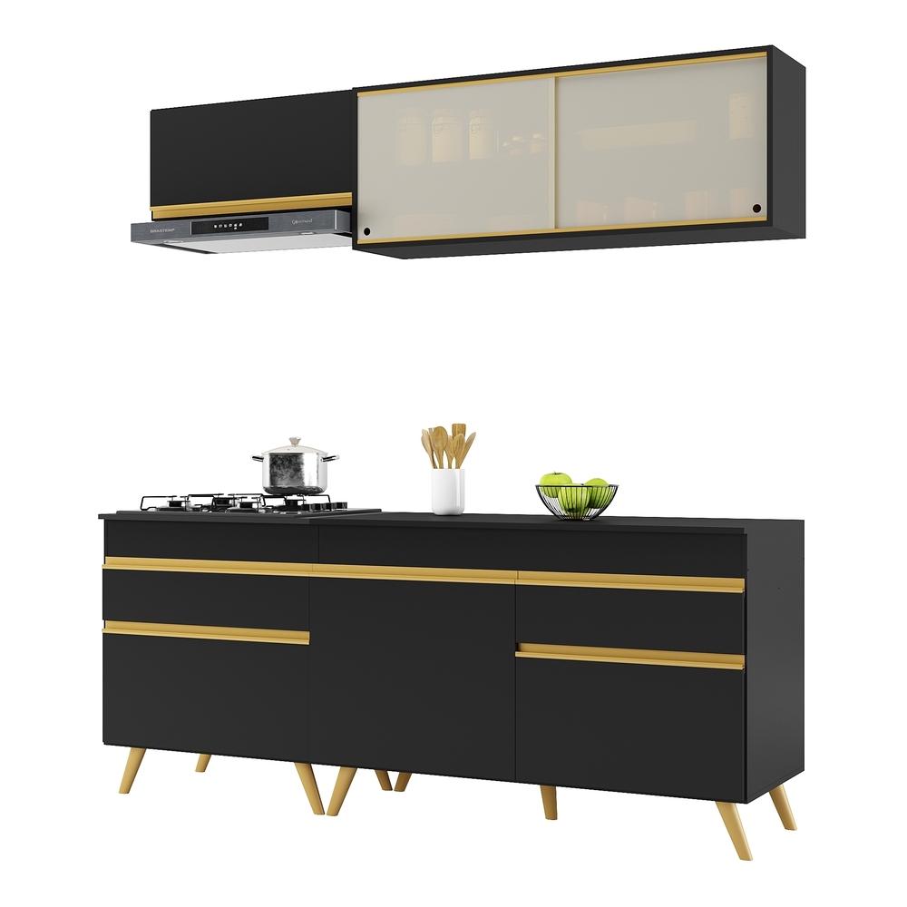 Armário de Cozinha Compacta 190cm Veneza Multimóveis V3707 Preto/Dourado