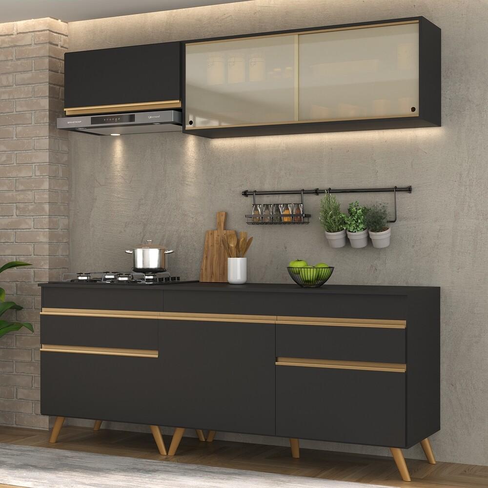 Armário de Cozinha Compacta 190cm Veneza Multimóveis V3707 Preto/Dourado