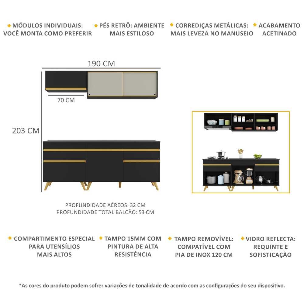 Armário de Cozinha Compacta 190cm Veneza Multimóveis V3707 Preto/Dourado