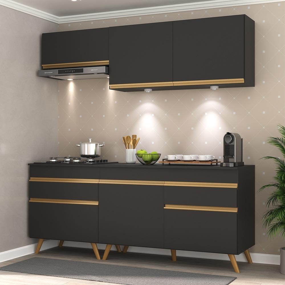 Armário de Cozinha Compacta 190cm com Leds Veneza Up Multimóveis V2030 Preto/Dourado