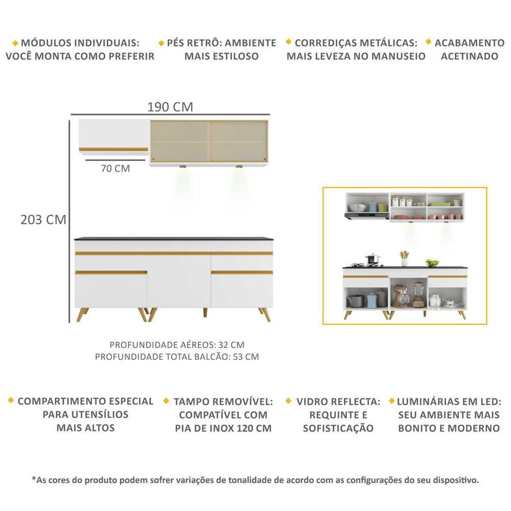 Armário de Cozinha Compacta 190cm com Leds Veneza Up Multimóveis V2031 Branco/Dourado