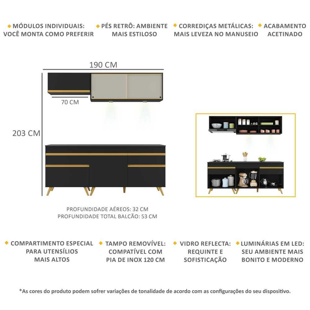 Armário de Cozinha Compacta 190cm com Leds Veneza Up Multimóveis V2031 Preto/Dourado
