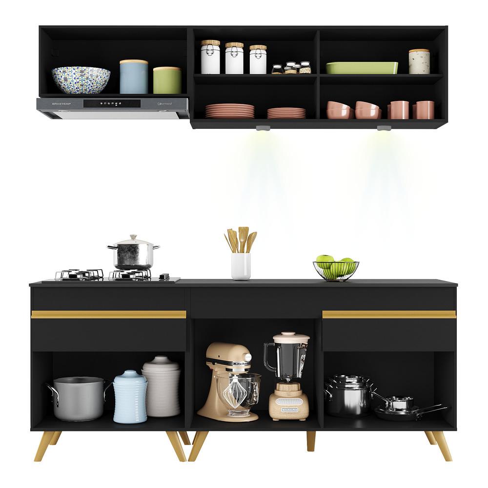 Armário de Cozinha Compacta 190cm com Leds Veneza Up Multimóveis V2031 Preto/Dourado