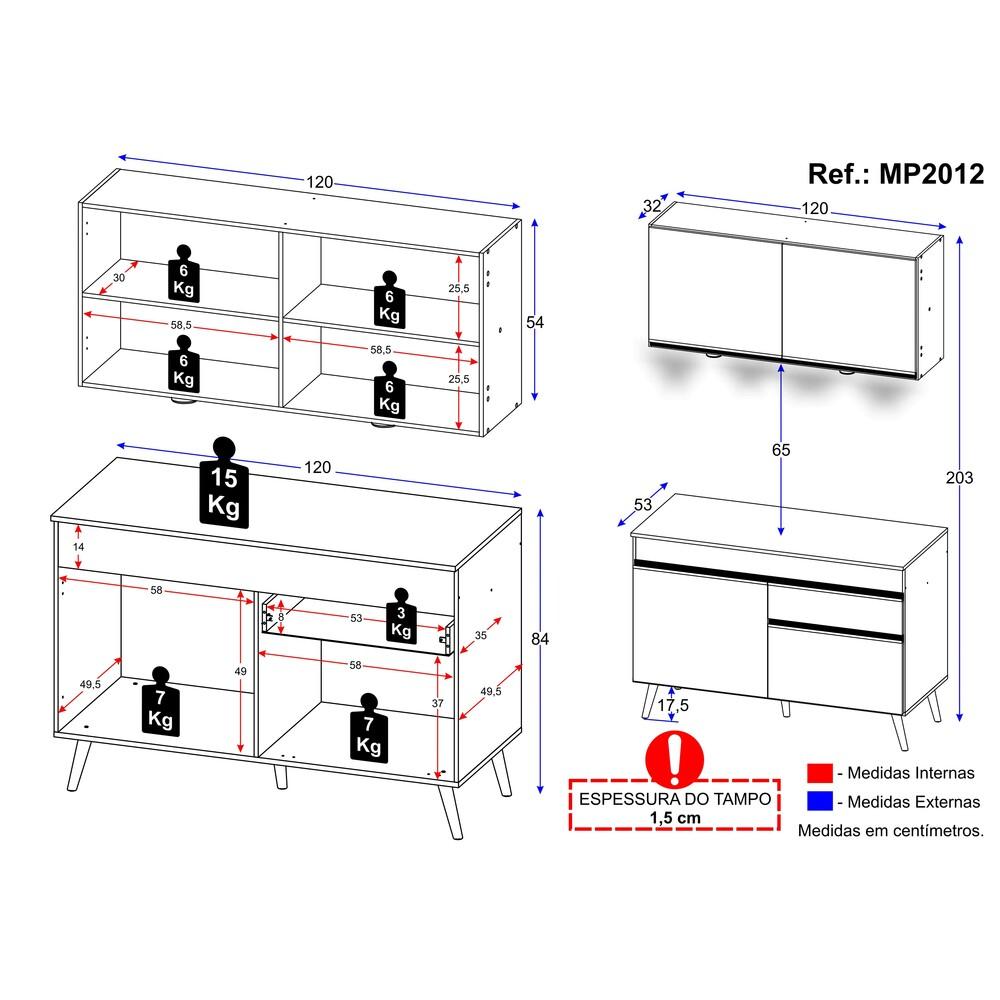 Armário de Cozinha Compacta 2 peças com Leds MP2012.895 Veneza Up Multimóveis Preto