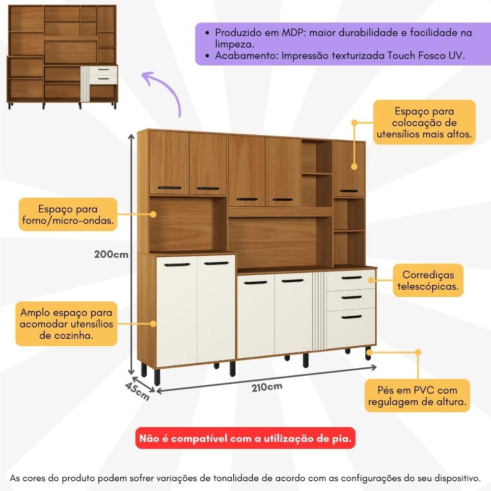 Armário de Cozinha Compacta 210cm com 10 Portas e 2 Gavetas Multimóveis CR20288 Nature/Champanhe
