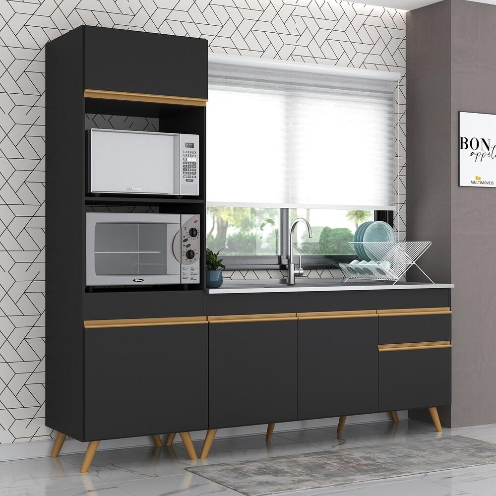 Armário de Cozinha Compacta 212cm Veneza Multimóveis V2078 Preto/Dourado