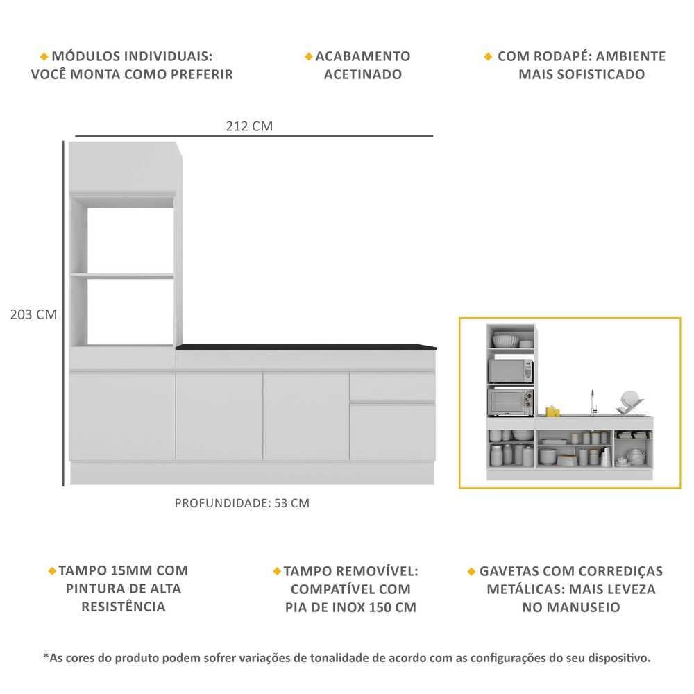 Armário de Cozinha Compacta 212cm com Rodapé Veneza Multimóveis V2113 Branco