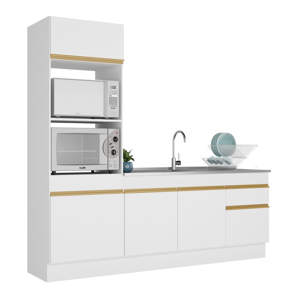 Armário de Cozinha Compacta 212cm com Rodapé Veneza Multimóveis V2113 Branco/Dourado