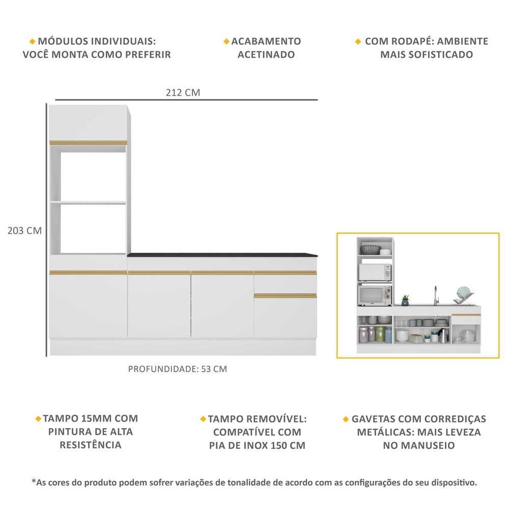Armário de Cozinha Compacta 212cm com Rodapé Veneza Multimóveis V2113 Branco/Dourado