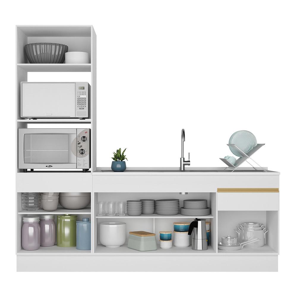 Armário de Cozinha Compacta 212cm com Rodapé Veneza Multimóveis V2113 Branco/Dourado
