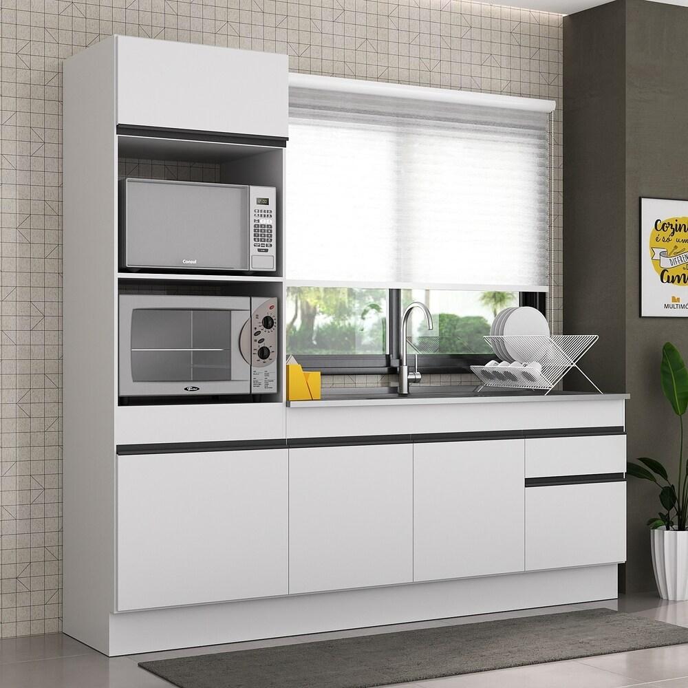 Armário de Cozinha Compacta 212cm com Rodapé Veneza Multimóveis V2113 Branco/Preto