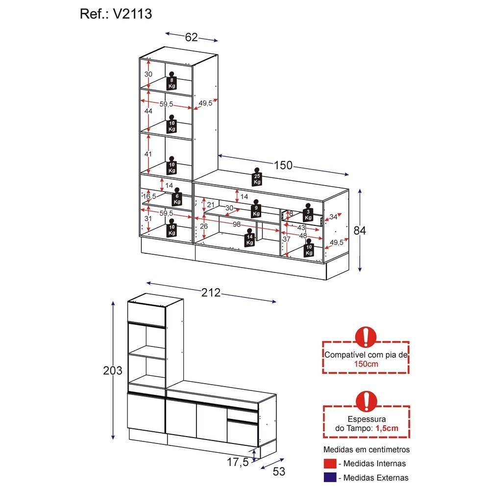 Armário de Cozinha Compacta 212cm com Rodapé Veneza Multimóveis V2113 Preto