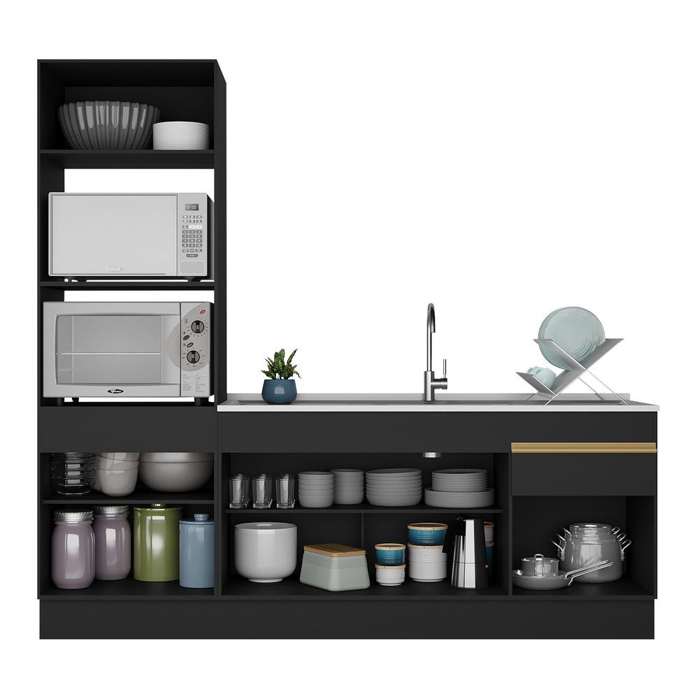 Armário de Cozinha Compacta 212cm com Rodapé Veneza Multimóveis V2113 Preto/Dourado