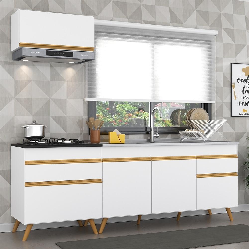 Armário de Cozinha Compacta 220cm Veneza Multimóveis V2074 Branco/Dourado