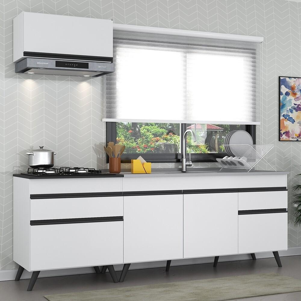 Armário de Cozinha Compacta 220cm Veneza Multimóveis V2074 Branco/Preto