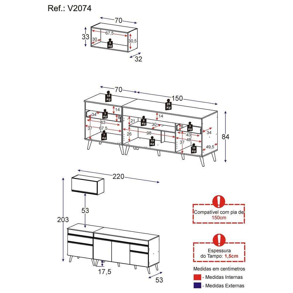 Armário de Cozinha Compacta 220cm Veneza Multimóveis V2074 Preto/Branco