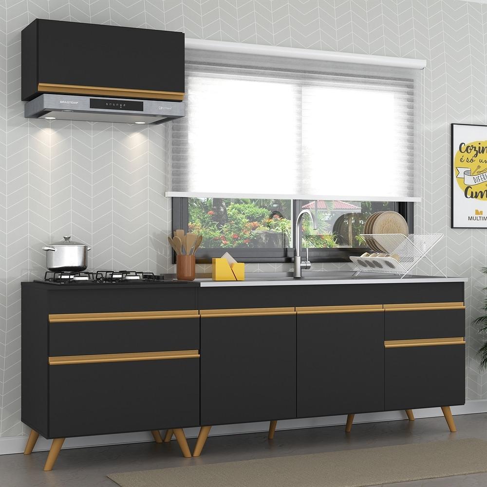 Armário de Cozinha Compacta 220cm Veneza Multimóveis V2074 Preto/Dourado
