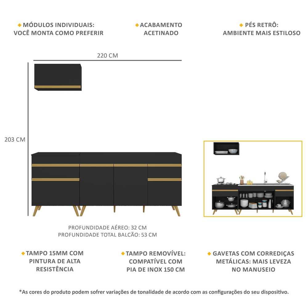 Armário de Cozinha Compacta 220cm Veneza Multimóveis V2074 Preto/Dourado