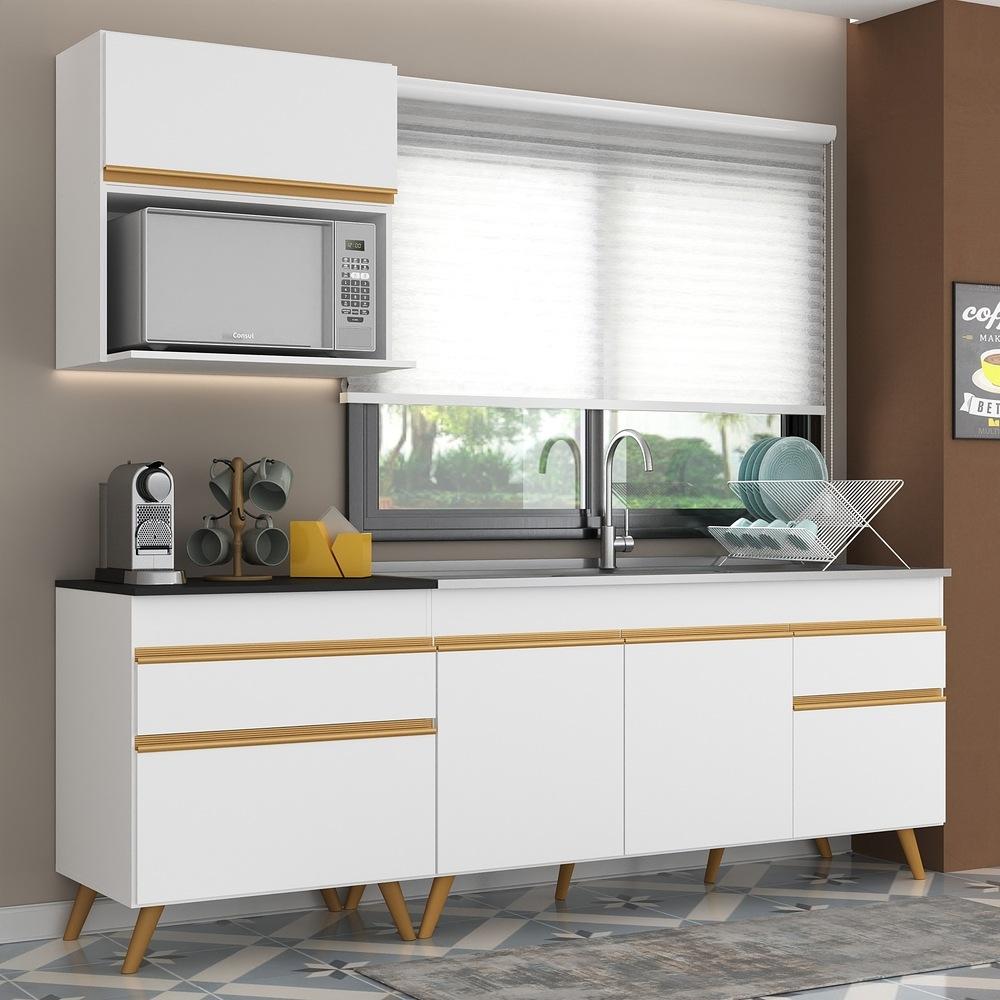 Armário de Cozinha Compacta 220cm Veneza Multimóveis V2075 Branco/Dourado