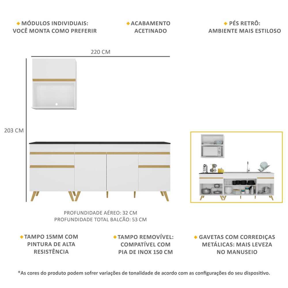 Armário de Cozinha Compacta 220cm Veneza Multimóveis V2075 Branco/Dourado