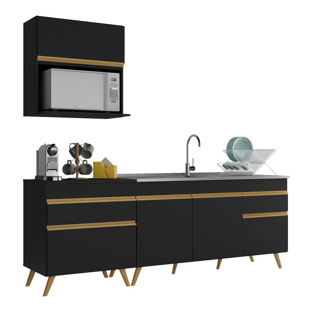 Armário de Cozinha Compacta 220cm Veneza Multimóveis V2075 Preto/Dourado