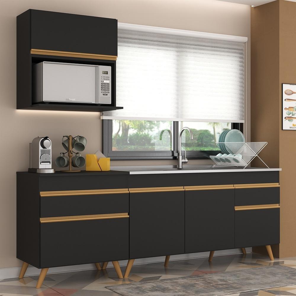 Armário de Cozinha Compacta 220cm Veneza Multimóveis V2075 Preto/Dourado