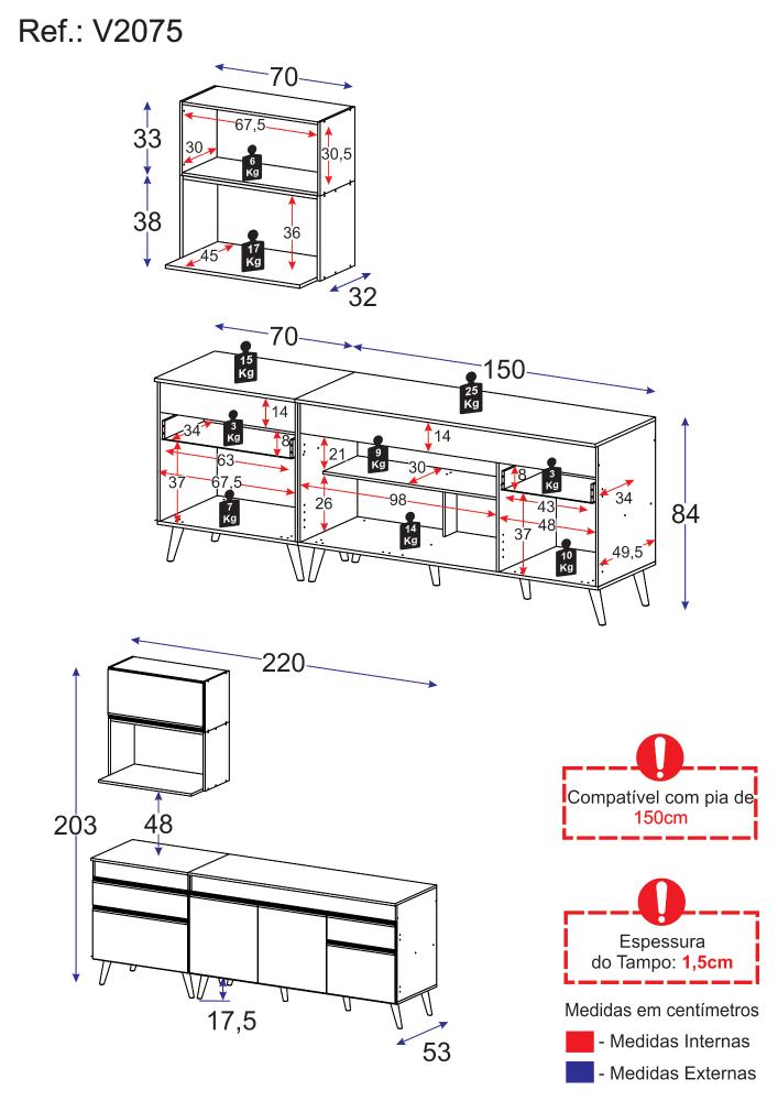 Armário de Cozinha Compacta 220cm Veneza Multimóveis V2075 Preto/Dourado