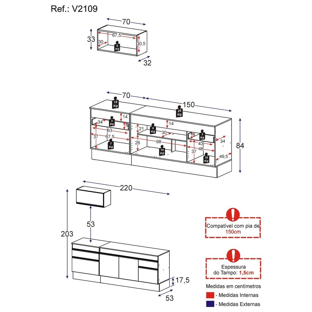 Armário de Cozinha Compacta 220cm com Rodapé Veneza Multimóveis V2109 Branco